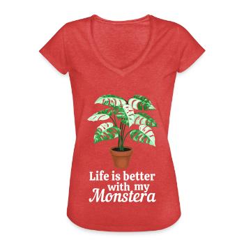 Life is better with my Monstera - Frauen Vintage T-Shirt - Rot meliert - Vorne - Danielle (179cm)
