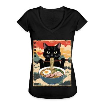 Vintage Katze Ramen - Frauen Vintage T-Shirt - Schwarz - Vorne - Danielle (179cm)