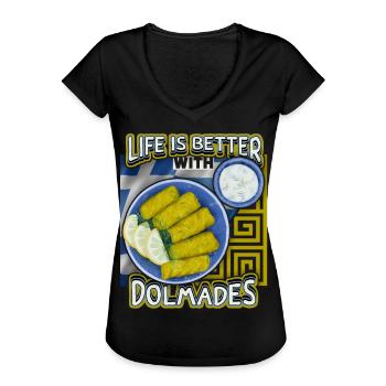 Grèce, Grec Nourriture Dolmades, Dicton - T-shirt vintage Femme - noir - Devant - Danielle (179cm)