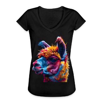 lebendige Alpaka-Kunst, buntes Alpaka-Design, - Frauen Vintage T-Shirt - Schwarz - Vorne - Danielle (179cm)
