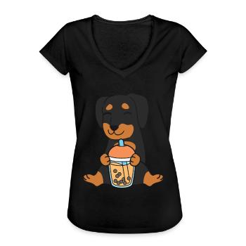 Bubble Milk Tea Dackel Hund trinkt Boba Milchtee - Frauen Vintage T-Shirt - Schwarz - Vorne - Danielle (179cm)