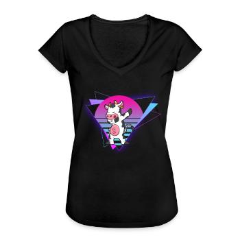 Vaporwave Cow - Frauen Vintage T-Shirt - Schwarz - Vorne - Danielle (179cm)
