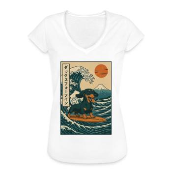 Dackel Hund Liebhaber Surfen Japanische Wellenkunst - Frauen Vintage T-Shirt - Schwarz - Vorne - Danielle (179cm)