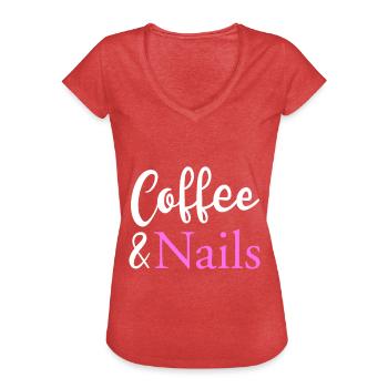 Chemise cadeau Café & Ongles - T-shirt vintage Femme - rouge chiné - Devant - Danielle (179cm)