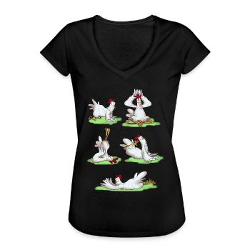 Lustiges Hühner Yoga Figuren - Frauen Vintage T-Shirt - Schwarz - Vorne - Danielle (179cm)