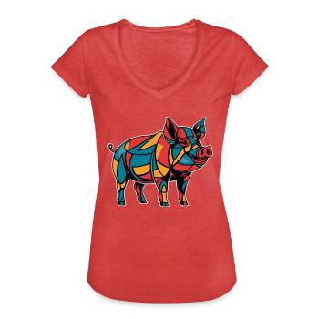 Colorful Geometric Farm Animal Graphic Pig - Women's Vintage T-Shirt - heather red - Front - Danielle (179cm)