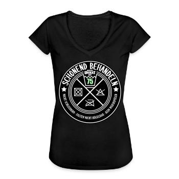 Schonend behandeln Unikat 75 | Farben änderbar - Frauen Vintage T-Shirt - Schwarz - Vorne - Danielle (179cm)