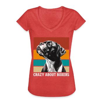 Boxeur allemand CRAZY ABOUT BOXER Drôle - T-shirt vintage Femme - rouge chiné - Devant - Danielle (179cm)