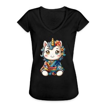Unicorn Kawaii Japanese Kimono - Women's Vintage T-Shirt - black - Front - Danielle (179cm)