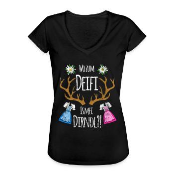 Wo zum Deifi is mei Dirndl - Frauen Vintage T-Shirt - Schwarz - Vorne - Danielle (179cm)