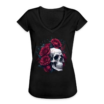 Totenkopf und Rosen Rote Blumen Gothic - Frauen Vintage T-Shirt - Schwarz - Vorne - Danielle (179cm)