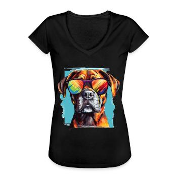 Boxer chien race animaux de compagnie lunettes de soleil Pop Art coloré - T-shirt vintage Femme - noir - Devant - Danielle (179cm)