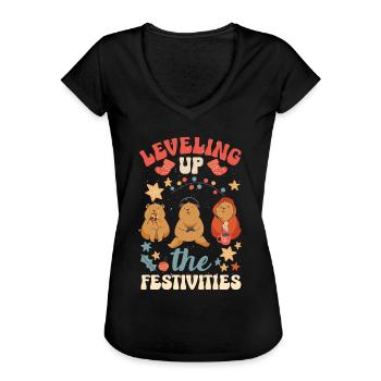 Mode inspirée du jeu Jeux sur le thème des Fêtes - T-shirt vintage Femme - noir - Devant - Danielle (179cm)