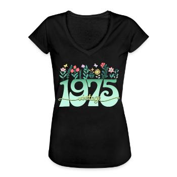 Motif Fleurs 1975 Fête Anniversaire Femme 50 Ans - T-shirt vintage Femme - noir - Devant - Danielle (179cm)