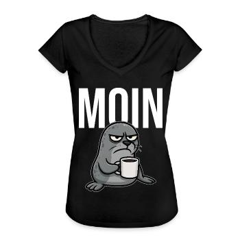 MOIN – Grummelnder Seehund mit Kaffee | Morgenmuff - Frauen Vintage T-Shirt - Schwarz - Vorne