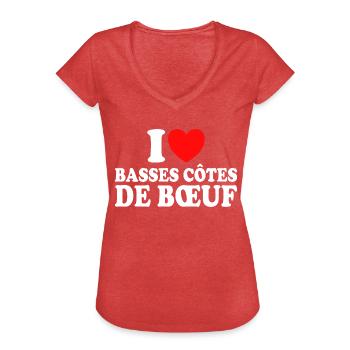 Boucher I Love Basses Côtes De Boeuf - T-shirt vintage Femme - rouge chiné - Devant - Danielle (179cm)
