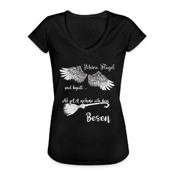 Engel - Hexe - meine Flügel sind kaputt - Besen - Frauen Vintage T-Shirt - Schwarz - Vorne