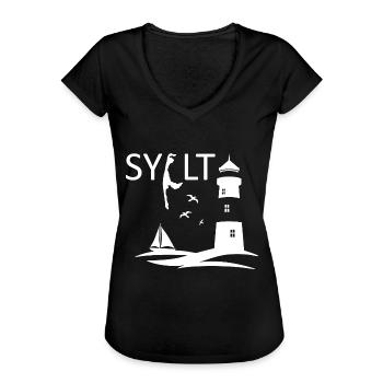 Ein Leuchtturm mit Möwen und Insel Karte von Sylt - Frauen Vintage T-Shirt - Schwarz - Vorne