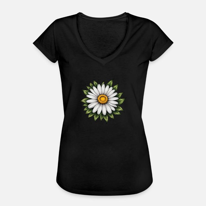 Daisy Bloom mit Blättern - Frauen Vintage T-Shirt - Schwarz