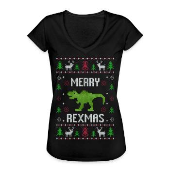 Dino Dinosaurier T-Rex Ugly Christmas Weihnachten - Frauen Vintage T-Shirt - Schwarz - Vorne