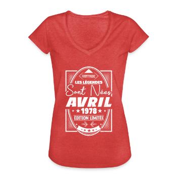Avril 1978 - T-shirt vintage Femme - rouge chiné - Devant - Danielle (179cm)