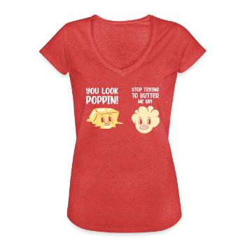 Popcorn Kawaii Grafische Poppin Butter Me Up - Vrouwen Vintage T-shirt - rood gemêleerd - Voor - Danielle (179cm)