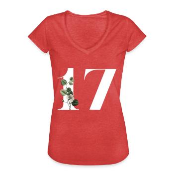 Numéro 17 floral vert -17e anniversaire floral - T-shirt vintage Femme - rouge chiné - Devant - Danielle (179cm)