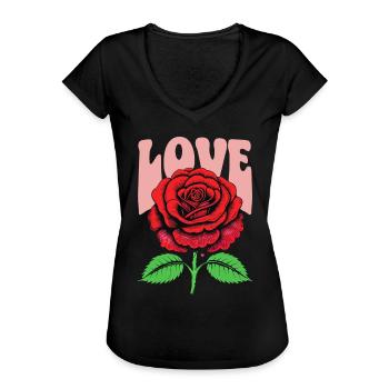 Love with Red Rose Flower Liebe mit der roten Rose - Women's Vintage T-Shirt - black - Front - Danielle (179cm)