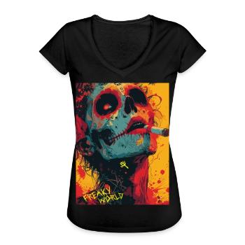 Smoking Skull, Totenkopf mit Zigarette - Frauen Vintage T-Shirt - Schwarz - Vorne - Danielle (179cm)