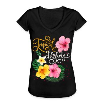 Tropische Blüten, Tropical-Darling, Kalligrafie - Frauen Vintage T-Shirt - Schwarz - Vorne - Danielle (179cm)