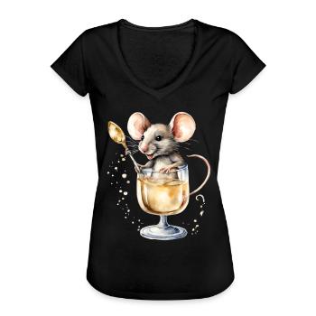 Süße Maus im Sektglas / Proseccoglas mit Löffel - Frauen Vintage T-Shirt - Schwarz - Vorne - Danielle (179cm)