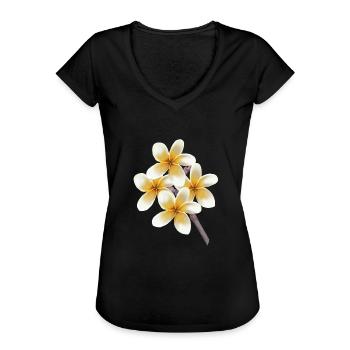 Weiß gelbe Blüten am Stiel Plumeria Tempelbaum - Frauen Vintage T-Shirt - Schwarz - Vorne - Danielle (179cm)