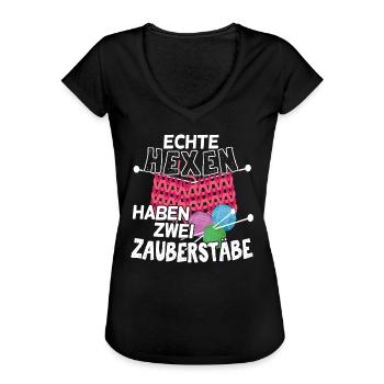 Stricken Nähen Echte Hexen haben zwei Zauberstäbe - Frauen Vintage T-Shirt - Schwarz - Vorne
