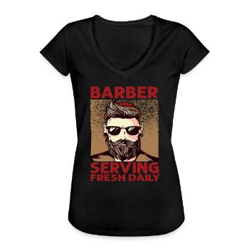 Barbier servant frais tous les jours - Coupe de cheveux - Drôle - Bea - T-shirt vintage Femme - noir - Devant - Danielle (179cm)