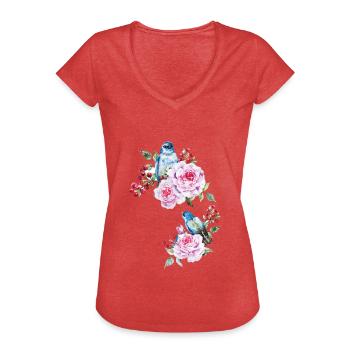 Blumen Vogel Floral Vögel - Frauen Vintage T-Shirt - Rot meliert - Vorne - Danielle (179cm)
