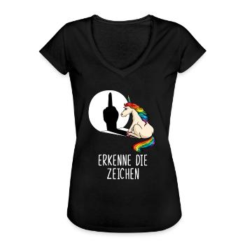 Erkenne die Zeichen Einhorn Mittelfinger Schatten - Frauen Vintage T-Shirt - Schwarz - Vorne - Danielle (179cm)