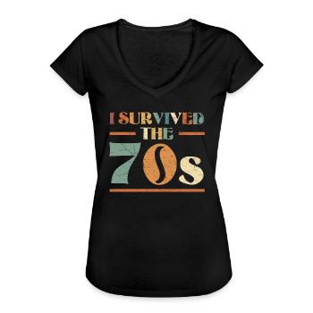 I Survived The 70's 1970 Seventies Party 1970s - Women's Vintage T-Shirt - black - Front - Danielle (179cm)