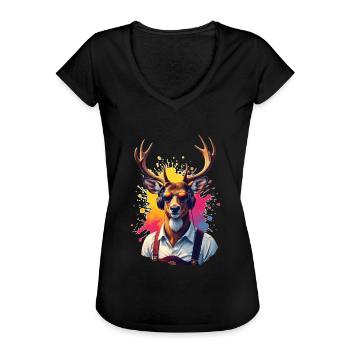 Fest Tracht Hirsch mit Kopfhörer Sonnenbrille - Frauen Vintage T-Shirt - Schwarz - Vorne - Danielle (179cm)