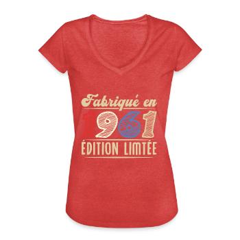 Fabriqué en 1961, Vintage cadeau d'anniversaire - T-shirt vintage Femme - rouge chiné - Devant - Danielle (179cm)