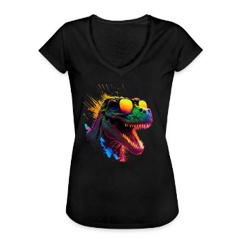 cooler Dino mit Sonnenbrille im Schwarzlicht Stil - Frauen Vintage T-Shirt - Schwarz - Vorne - Danielle (179cm)