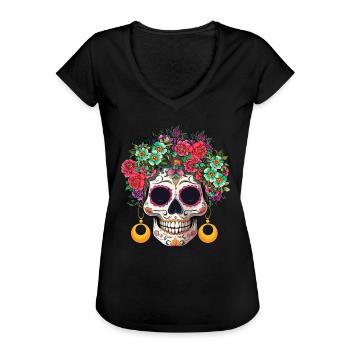 Bunte Blume Muertos Tag Des Toten Halloween - Frauen Vintage T-Shirt - Schwarz - Vorne - Danielle (179cm)