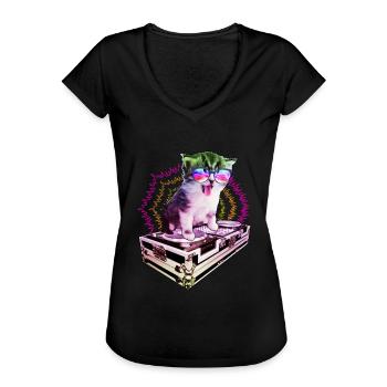 Katze Brille Turntable DJ Disco Club Nachtleben - Frauen Vintage T-Shirt - Schwarz - Vorne - Danielle (179cm)