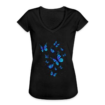 Blauer Schmetterling Kunst Garten Natur - Frauen Vintage T-Shirt - Schwarz - Vorne - Danielle (179cm)