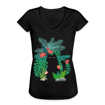 Black cat in plants garden - Women's Vintage T-Shirt - black - Front - Danielle (179cm)