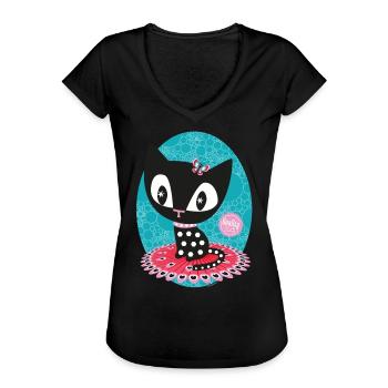 Pussy Deluxe Cat On a Mat - Women's Vintage T-Shirt - black - Front - Danielle (179cm)