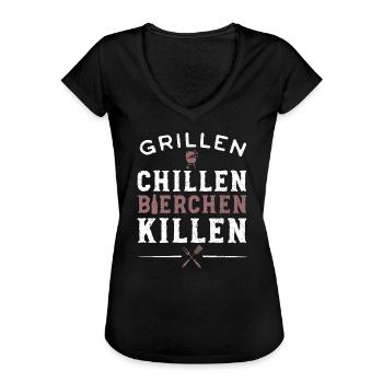 Grillen Chillen Bierchen Killen - Grillen Bier - Frauen Vintage T-Shirt - Schwarz - Vorne - Danielle (179cm)
