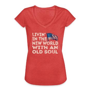 Livin dans le Nouveau Monde Vieille Âme - T-shirt vintage Femme - rouge chiné - Devant - Danielle (179cm)