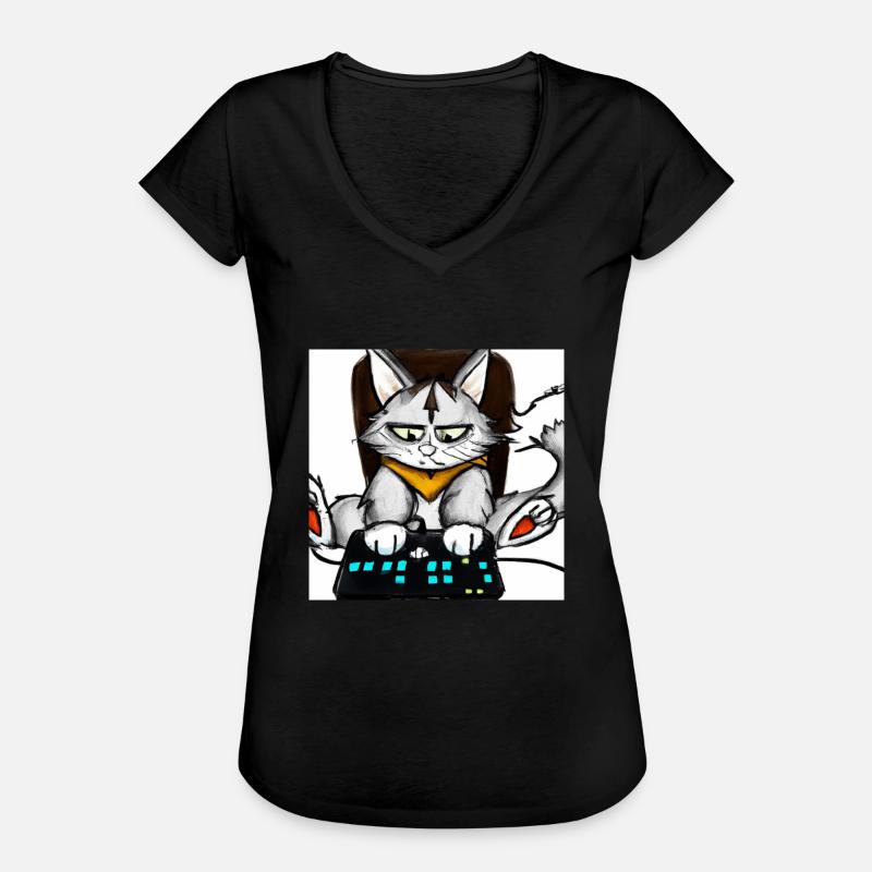 cat playing computer games comic - Frauen Vintage T-Shirt - Schwarz
