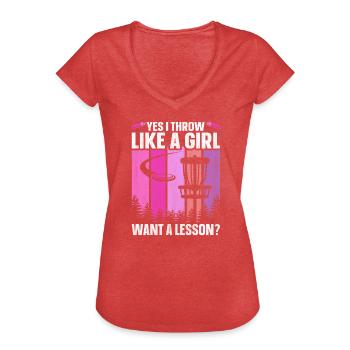 Oui je lance comme une fille veut une leçon disc golf - T-shirt vintage Femme - rouge chiné - Devant - Danielle (179cm)