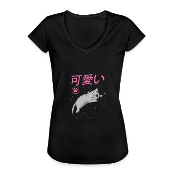 Kawaii Katze Cat süß und niedlich Geschenk - Frauen Vintage T-Shirt - Schwarz - Vorne - Danielle (179cm)